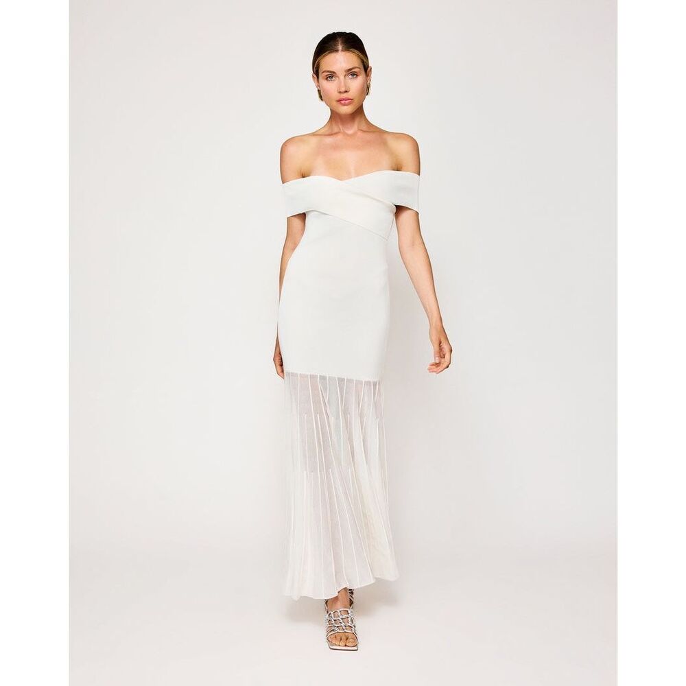 Line & Dot Off-Shoulder Cream Midi Dress